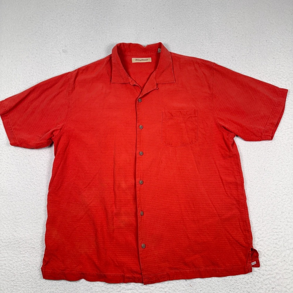 Tommy Bahama 100% Silk Shirt Mens XL Button Up Hawaiian Beach Cruise Orange